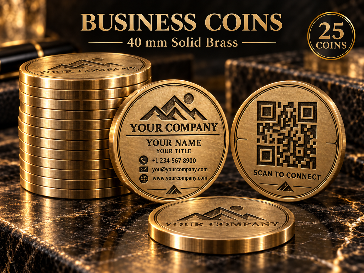 Custom Deep Engraved Brass Business 40mm Coins | QR Code Included