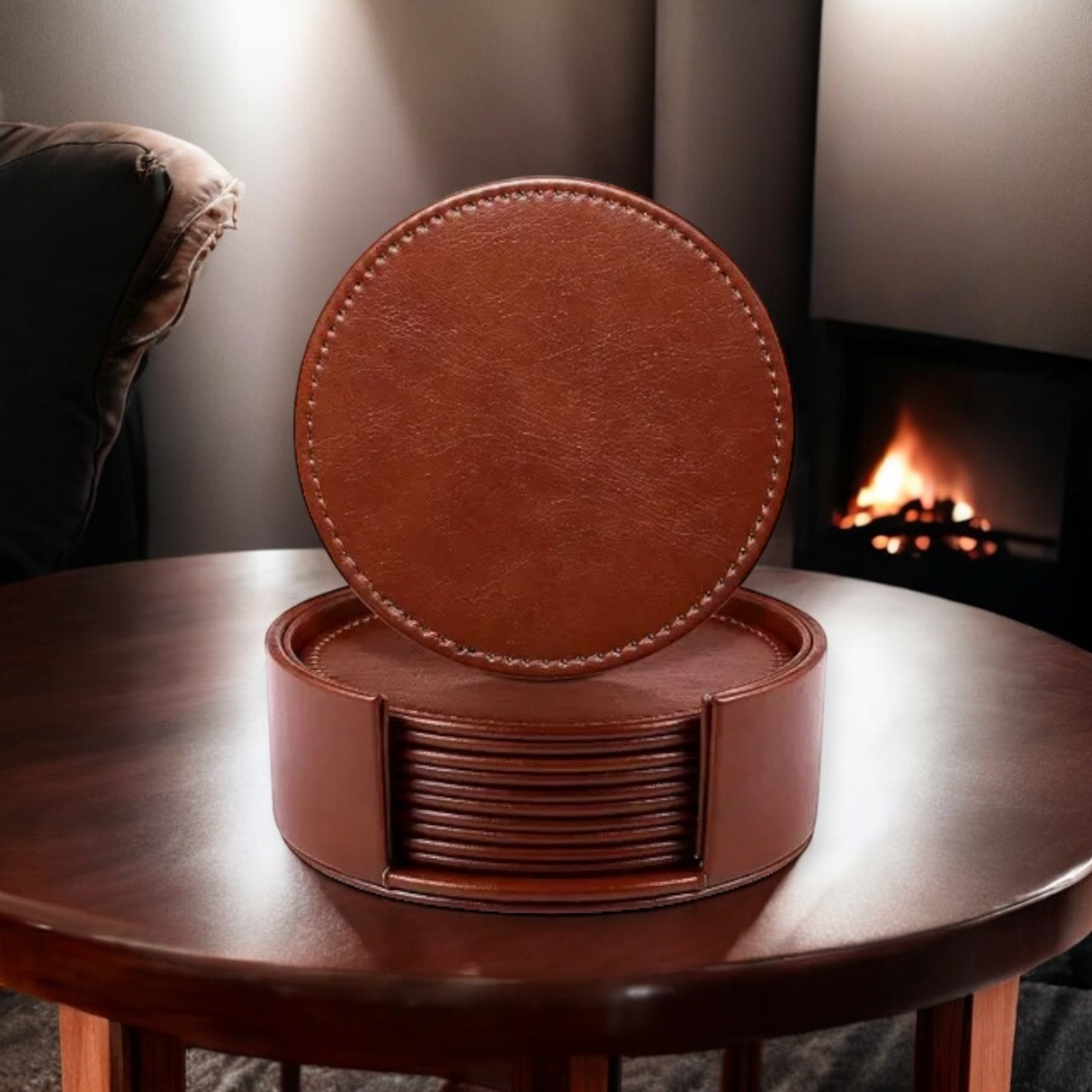 Genuine Leather Round Coaster Set with Holder