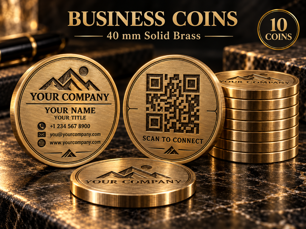 Custom Deep Engraved Brass Business 40mm Coins | QR Code Included