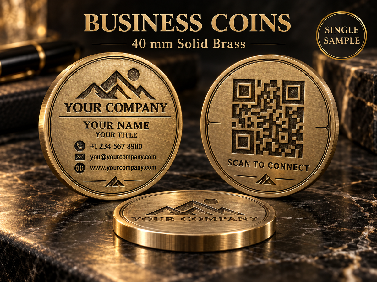Custom Deep Engraved Brass Business 40mm Coins | QR Code Included