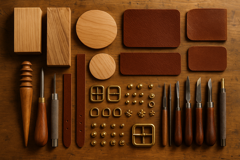 craft supplies of wood, leather, brass 